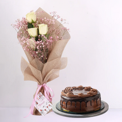 Sweet Elegance Duo: Malt Cake 2 Lb & White Rose Bouquet