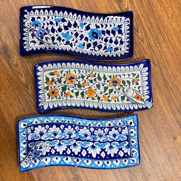 Multani Blue Pottery Serving Dish with Ceramic Bird: A Host's Delight