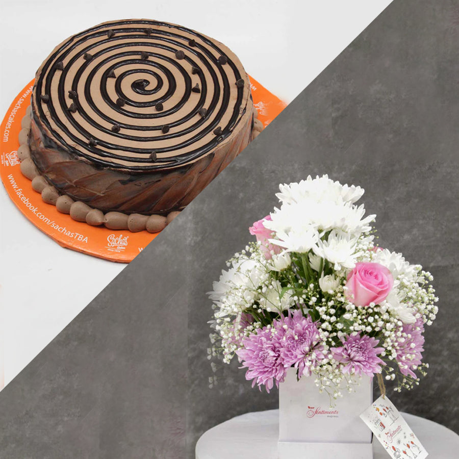 For Your SweetHeart - Sacha's Belgian Chocolate Cake with Pretty Pastel Bouquet