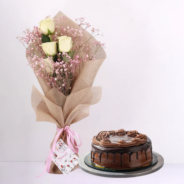 Sweet Elegance Duo: Malt Cake 2 Lb  & White Rose Bouquet