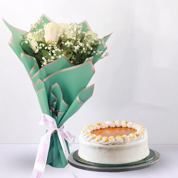 Timeless Indulgence: Toffee Cake 2 Lbs & White Rose Elegance