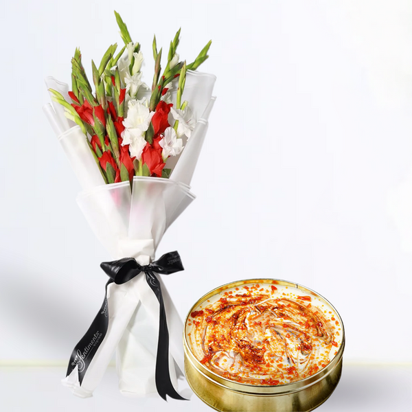 Dream Coffee Caramel Tin Cake With Simply Bright Bouquet