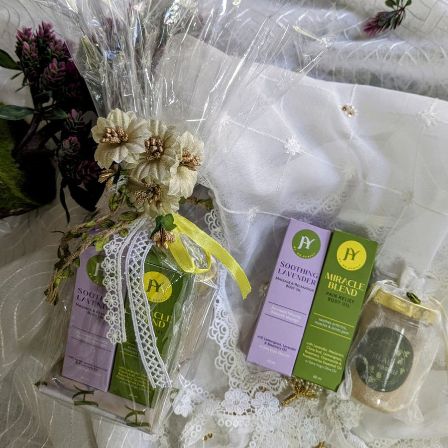 Mother’s Day Wellness Spa Bundle - Miracle Blend Pain Oil, Soothing Lavender Oil, Body Scrub and Tray Cover
