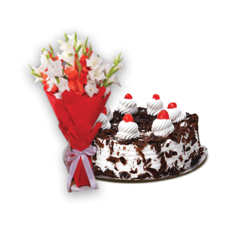 Black Forest Cake 2lbs & Simply Bright Bouquet