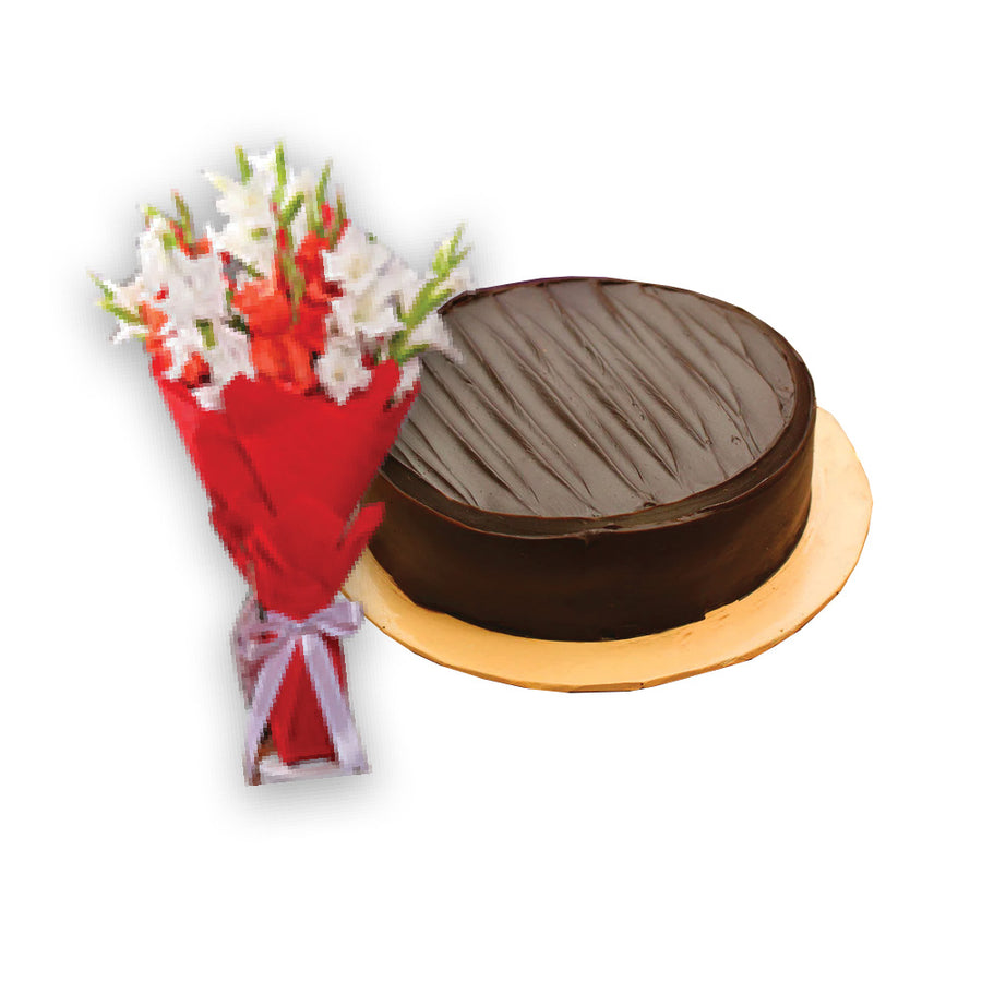 Chocolate Fudge Cake 2lbs & Simply Bright Bouquet