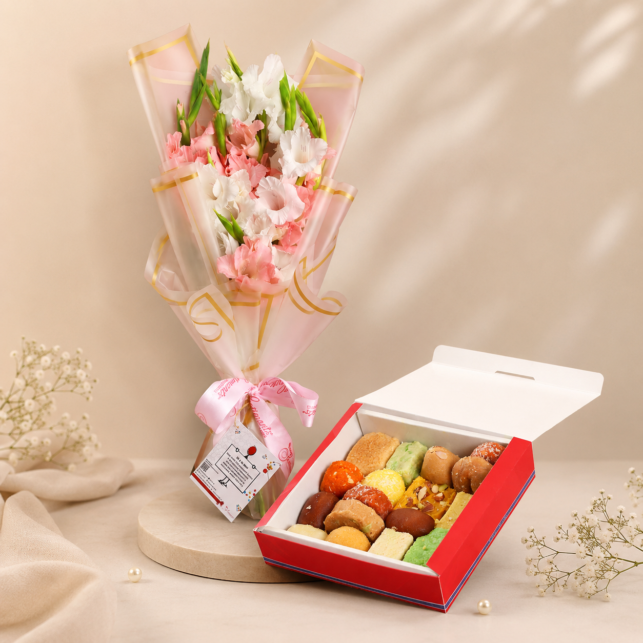 Mixed Mithai and Pink Pastel Bouquet-