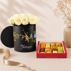 Mixed Mithai with White Roses-