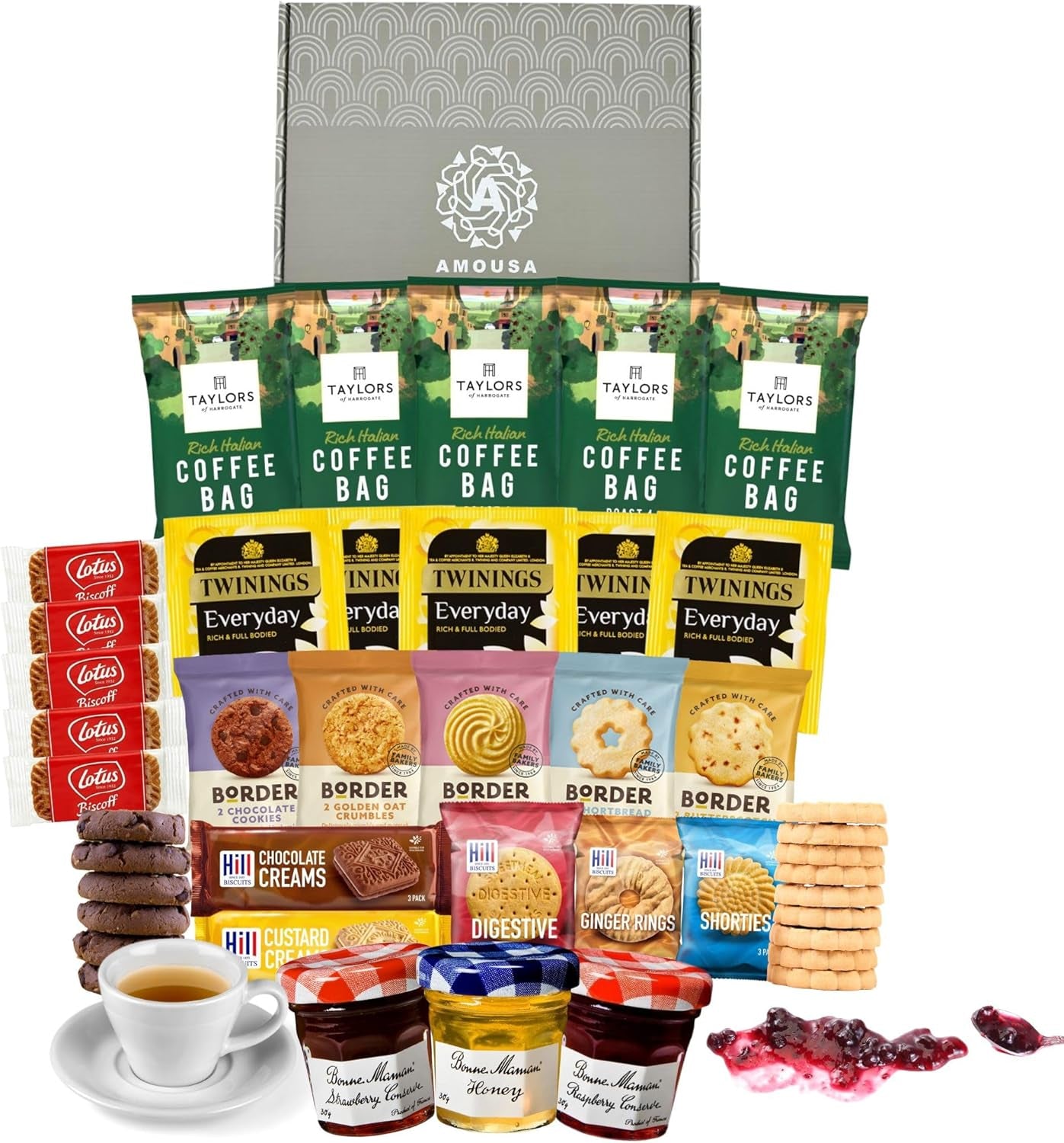 Afternoon Tea Hamper - This Tea and Coffee Hamper Gift Features 43X Items Total, Including Teabags, Coffee Bags, Mini Jams & Honey, Biscuits & More - Gift for Women & Men.