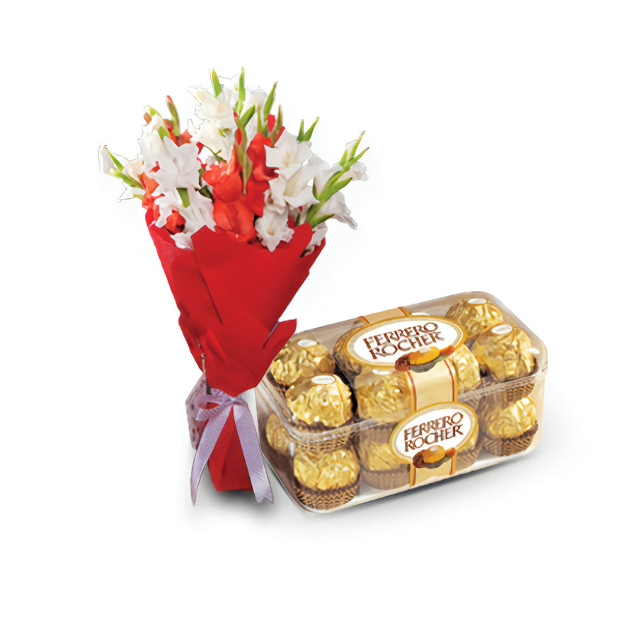 Blooming Reds -  Ferrero Rocher with White and Red Gladiolus