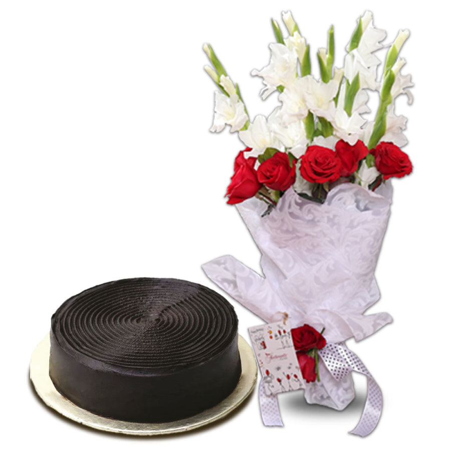 Celebration Bouquet & Chocolate Fudge Cake 2 lbs - Same Day Delivery