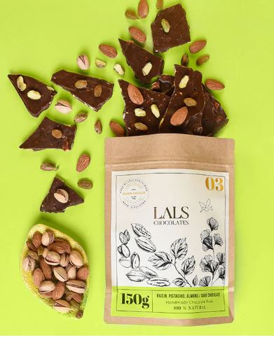 Raisin, Pistachio and Almond in Dark Chocolate Bark by Lals